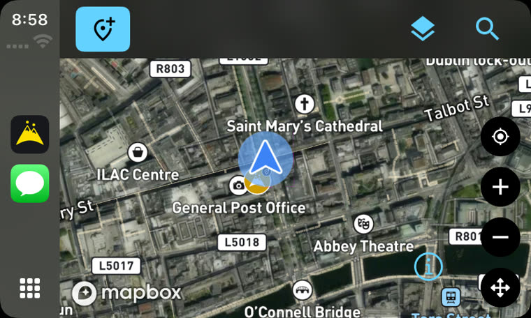 HiiKER's map on a CarPlay screen showing satellite imagery of central Dublin with saved waypoint pins