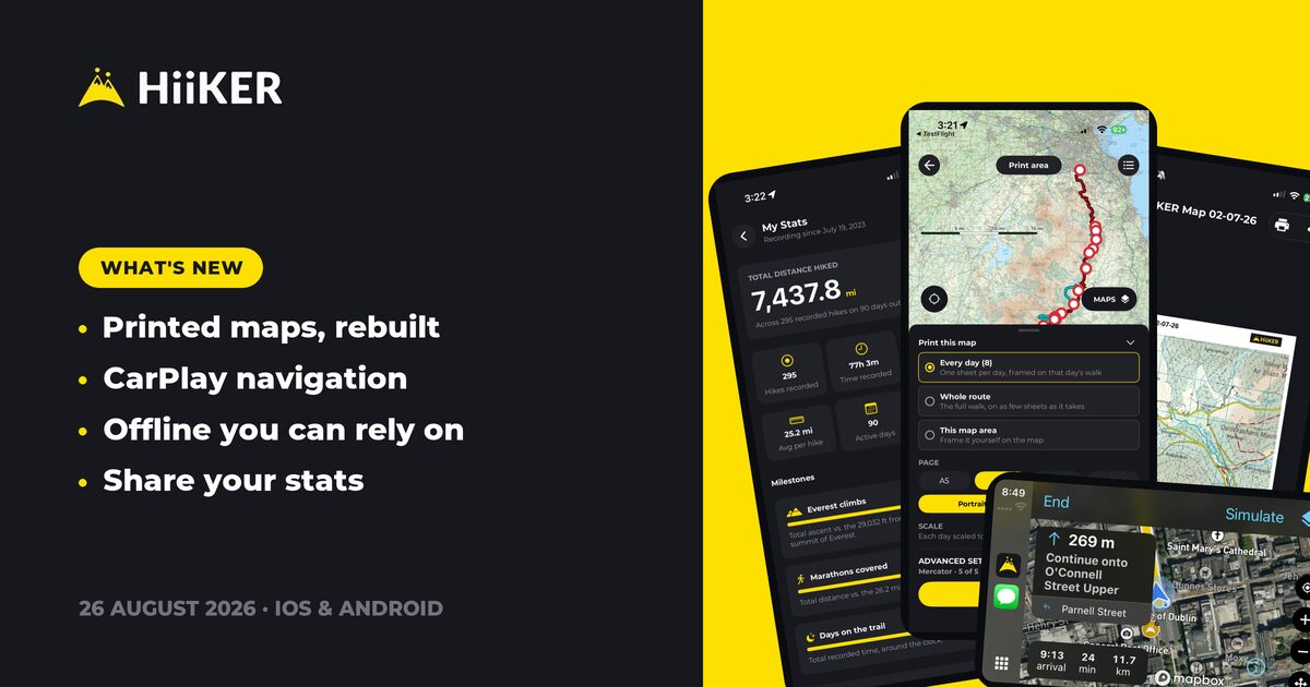 HiiKER What's New banner for 26 August 2026 listing printed maps rebuilt, CarPlay navigation, offline you can rely on and share your stats, with three phone screenshots and a CarPlay screen