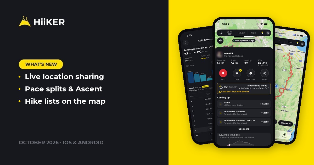 What's New in HiiKER: live location sharing, pace splits and Ascent, and hike lists on the map